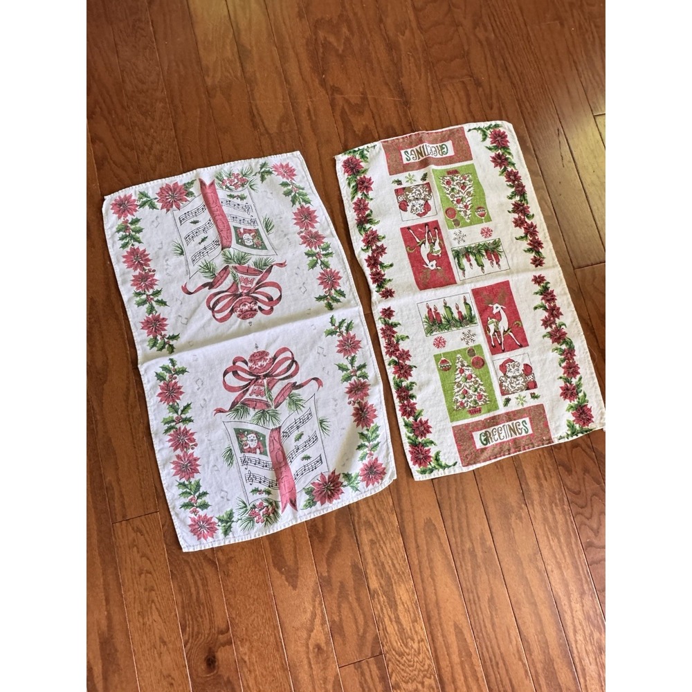 2 Vintage Stamped Linen Christmas Tea Towels Santa Reindeer Tree Greetings Music